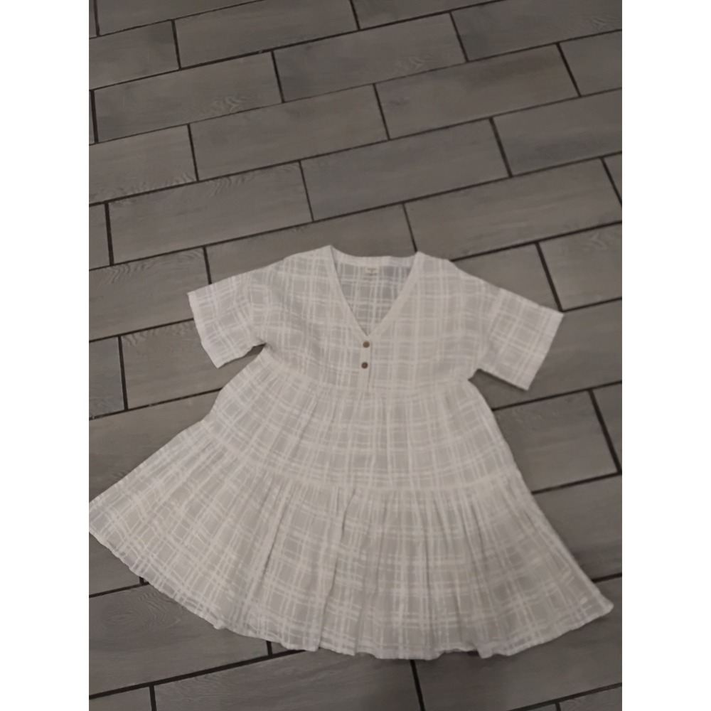 World Market White Plaid Tiered V Neck Short Sleeve Casual Mini Dress Size‎ S/M